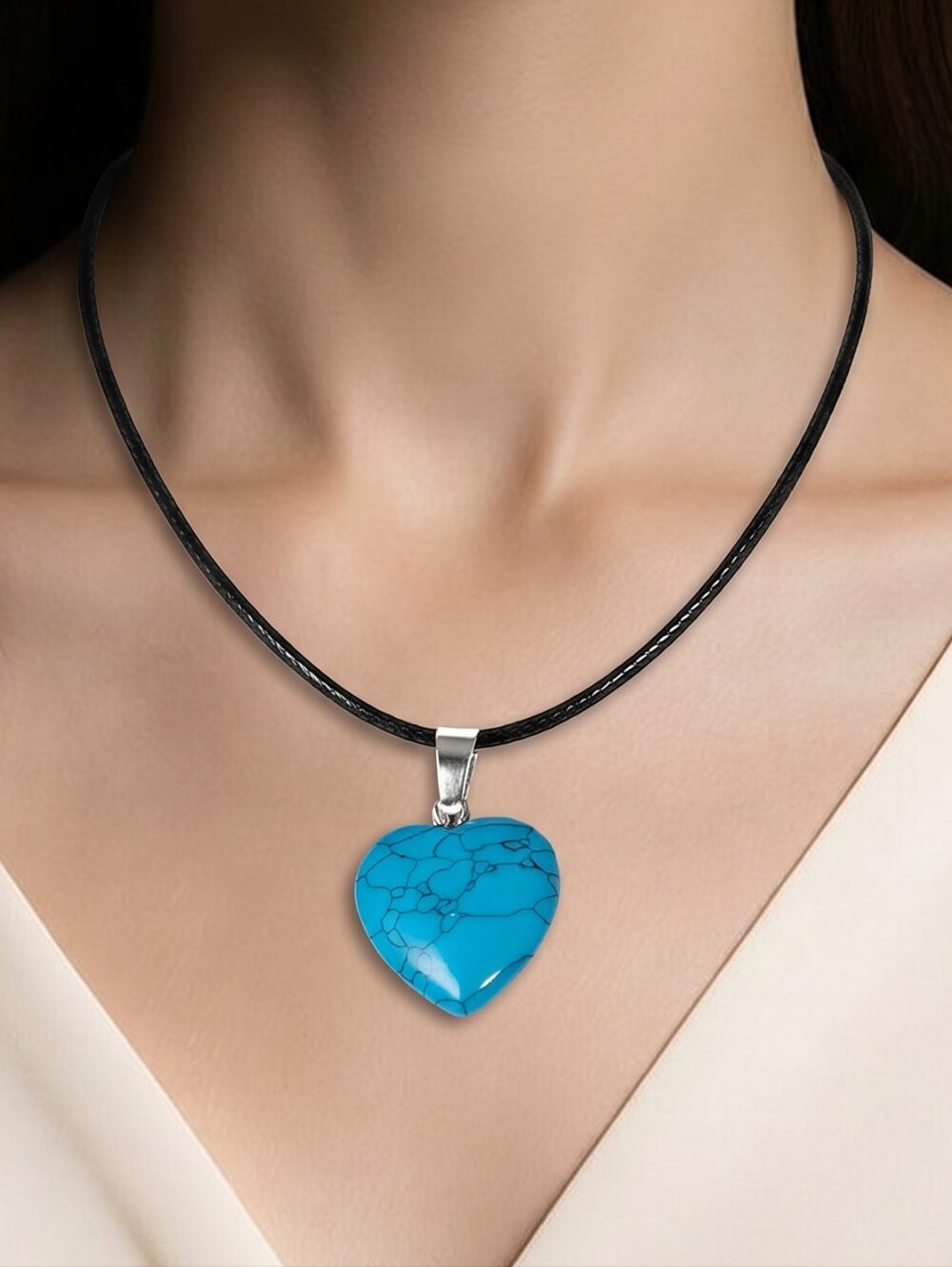 Turquoise Natural Stone Heart Pendant Necklace Adjustable Wax Cord Crystal Boho